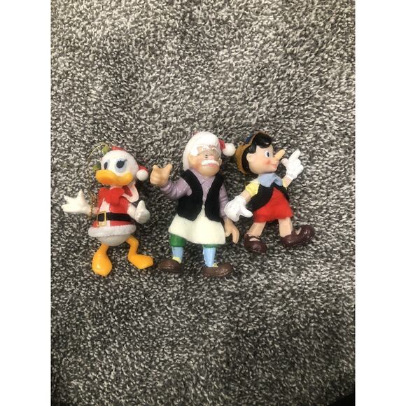 Geppetto & plastic Pinocchio & Donald character figures Christmas Ornaments VTG - Picture 1 of 6